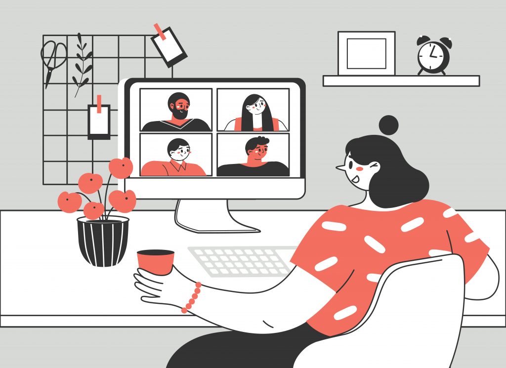 woman watching a webinar at her desk illustration