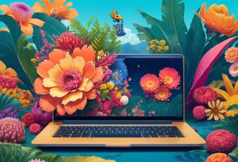 A latop with tropical/floral background and flowers coming out from the laptop screen.