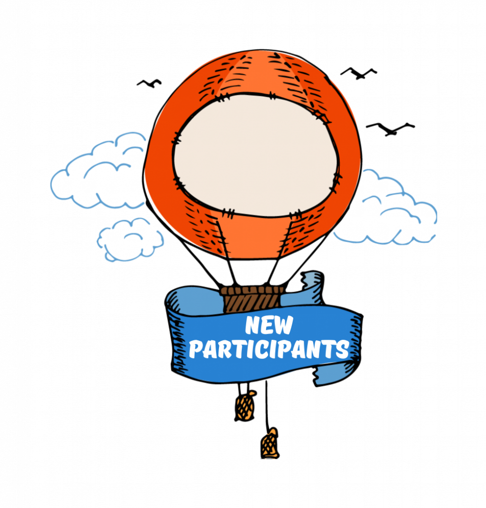 Red hot hair balloon with a blue banner in front displaying the text "New Participants"